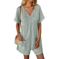 Monos De Verano Casuales Para Mujer Con Hombros Descubiertos Y Mangas Cortas Ruched Estilo Romper De Piernas Largas Con Bolsillos De Poliéster - details 9