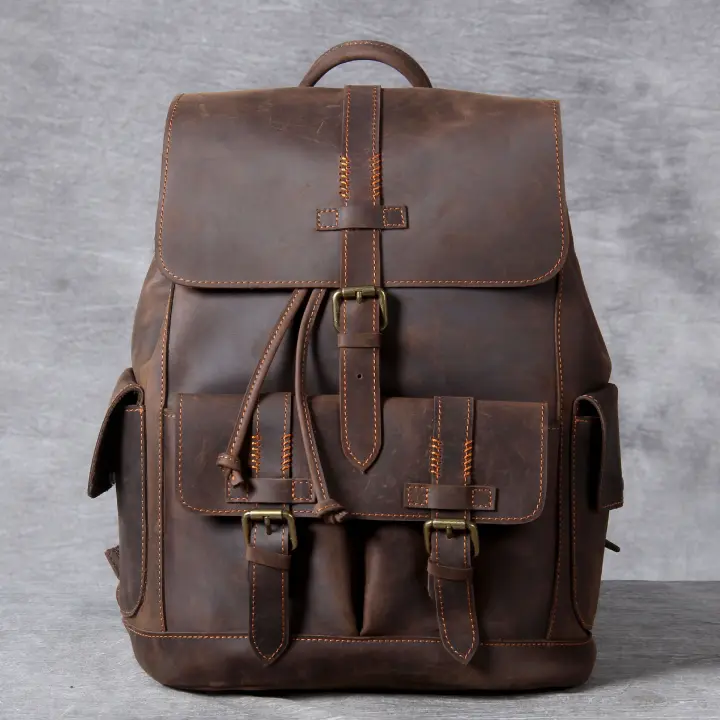Nueva mochila retro hecha a mano de cuero de caballo loco para hombre, bolso escolar de cuero genuino de gran capacidad, bolso de viaje, bolso de motocicleta - 1