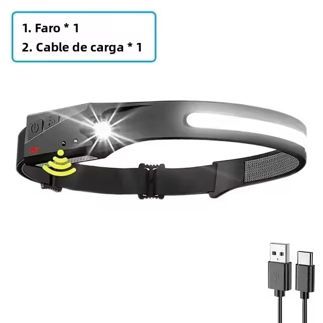 Linterna Frontal LED COB Potente Con Inducción Batería Integrada Recargable USB Impermeable Para Camping Pesca Y Uso Exterior - 1