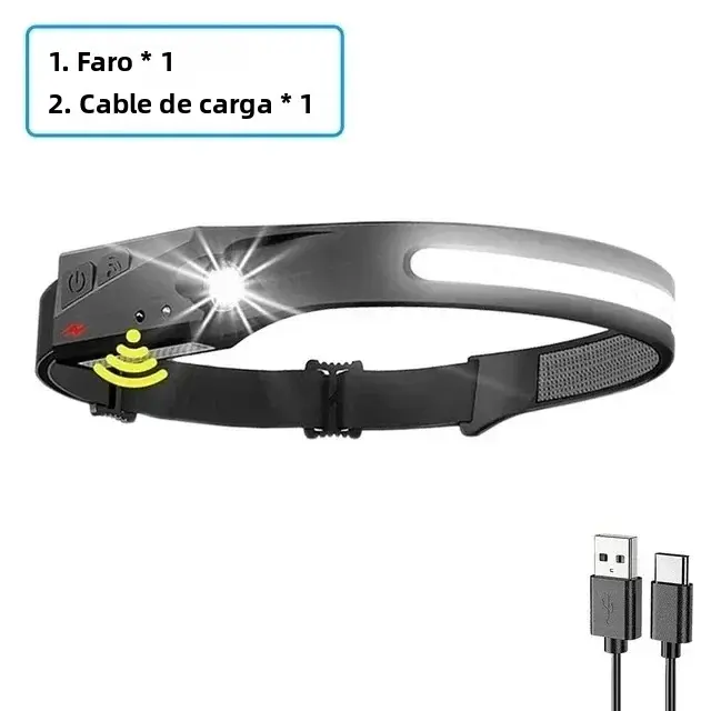 Linterna Frontal LED COB Potente Con Inducción Batería Integrada Recargable USB Impermeable Para Camping Pesca Y Uso Exterior - 1