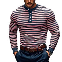 Camiseta de manga larga Henry holgada informal con cuello redondo y rayas coloridas para hombre, estilo americano, otoño e invierno, nueva - details 34