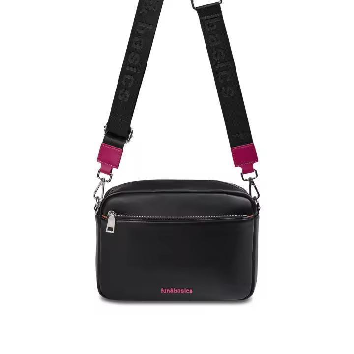 Bolso cámara para mujer fun&basics JAGGER negro con bandolera ajustable logotipada y detalles en rosa - 1