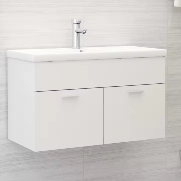 vidaXL Mueble con lavabo madera de ingeniería en color Blanco/Blanco brillante/Gris hormigón y más | almacenamiento funcional diseño moderno para baño dormitorio sala - 1