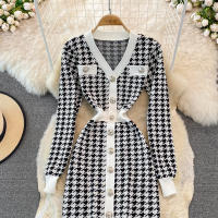 Vestido Largo De Punto Vintage REALEFT Para Mujer Cuello V Manga Larga Botones Estilo Clásico Otoño Invierno Talla Regular - details 1