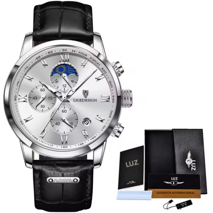 Reloj LIGE Para Hombre Militar Moda Cronógrafo Deportivo Impermeable Con Fase Lunar Cuarzo Cuero Resistente Al Choque Display De Roman Numeral - 1