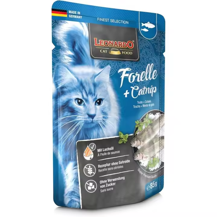 Leonardo Trucha y Catnip pouch 16x85g comida humeda en sobre para gatos adultos - 1