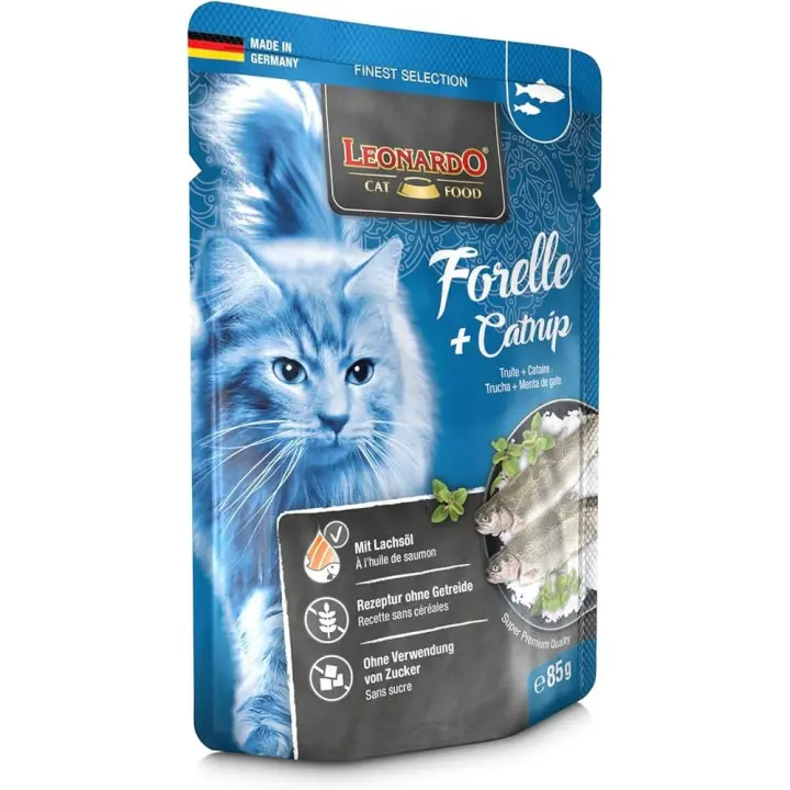 Leonardo Trucha y Catnip pouch 16x85g comida humeda en sobre para gatos adultos - 1
