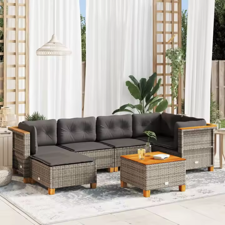 vidaXL Set de sofás de jardín 7 pzas con cojines ratán sintético gris - 1