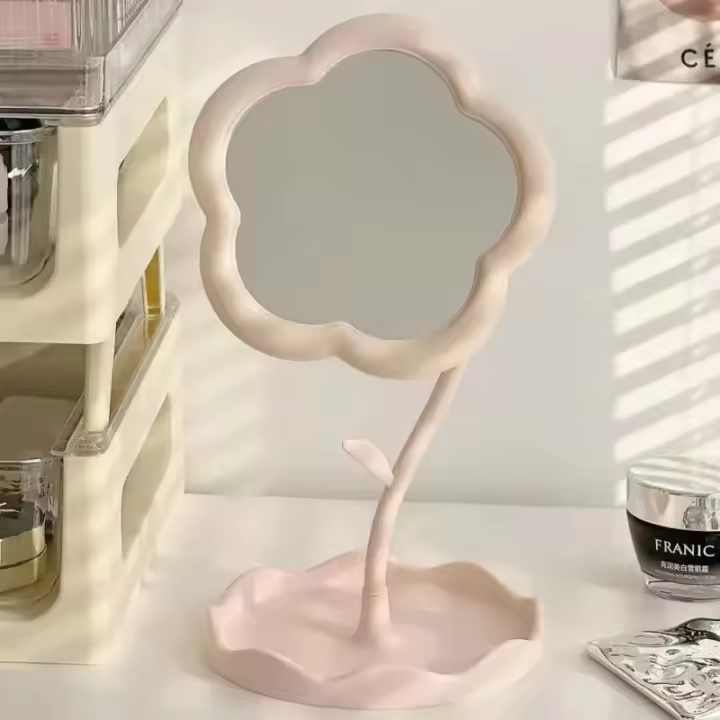 Espejo De Maquillaje De Escritorio En Forma De Girasol Giratorio Para Dormitorio Y Hogar Espejo De Vestir Duradero Y Portátil Con Almacenamiento Para Joyería - 1