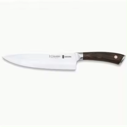 CUCHILLO COCINERO SAKURA 20 cm    3 Claveles    Material: Acero Inoxidable  Materiales mango: Madera de Pakka  Producción: Forjado  Características: Martillado  Presentación: Estuche  Acabado: Brillo  Modelos: Sakura  Tipo: Cuchillos Cocinero - 1