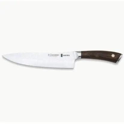 CUCHILLO COCINERO SAKURA 20 cm    3 Claveles    Material: Acero Inoxidable  Materiales mango: Madera de Pakka  Producción: Forjado  Características: Martillado  Presentación: Estuche  Acabado: Brillo  Modelos: Sakura  Tipo: Cuchillos Cocinero - 1