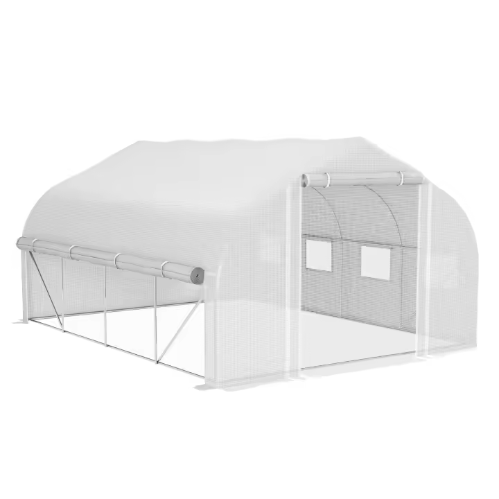 Outsunny Invernadero de Túnel 4x3x2 m Invernadero de Jardín con Puerta de Malla y 8 Ventanas Invernadero de Huerto con Techo Puntiagudo Persianas y Enrollables para Cultivos Plantas Verduras Blanco - 1