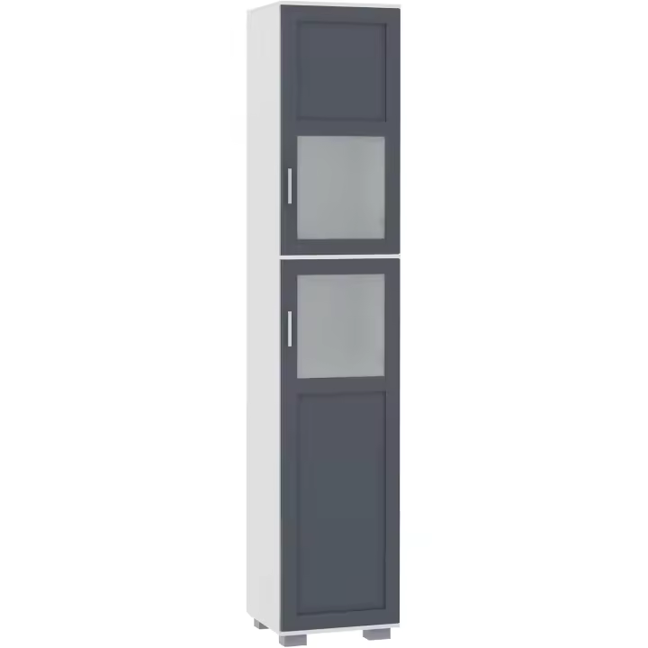 Armario Alto de Baño Mueble Columna de Baño con 2 Puertas de Vidrio Templado y Estantes Ajustables 37x35x190 cm Blanco y Gris - 1