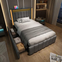 Cama Upholsted Función de carga USB Type C Iluminación LED Y 2 cartuchos, Cama Juvenil 90x200 cm Cama individual Cama de almacenamiento Estructura de Cama Con base de listones de Madera, gris (with colchón) - details 1