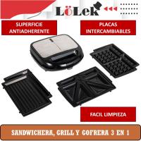 Sándwichera, Gofrera y Grill Eléctrico 3 en 1 LoLek | 750W de Potencia | Placas Intercambiables y Antiadherentes | Fácil de Limpiar y Almacenar | Indicador Luminoso de Encendido | Diseño Compacto para Cocina | Prepara Sándwiches, Gofres y Parrilladas 🥪🧇 - details 0