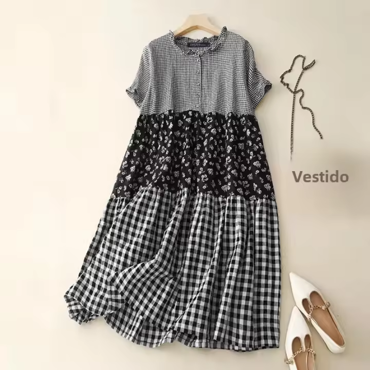 ZANZEA Vestido Largo a Cuadros Para Mujer Estilo Vintage Manga Corta Holgado Manga Regular Poliéster Y Algodón Ajuste Suave Para Verano Y Vacaciones - 1