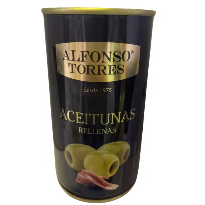 Aceitunas Verdes rellenas de pasta de anchoa 150gr - Deliciosas antipasti de olivas marca Alfonso Torres para tus comidas - 1