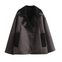 TRAFZA Chaqueta De Moda Invierno Para Mujer Marrón Oscuro Con Bolsillos Y Cuello En V Estilo Retro Elegante Con Botones - details 11