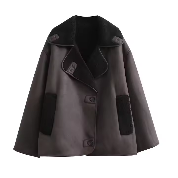 TRAFZA Chaqueta De Moda Invierno Para Mujer Marrón Oscuro Con Bolsillos Y Cuello En V Estilo Retro Elegante Con Botones - 1
