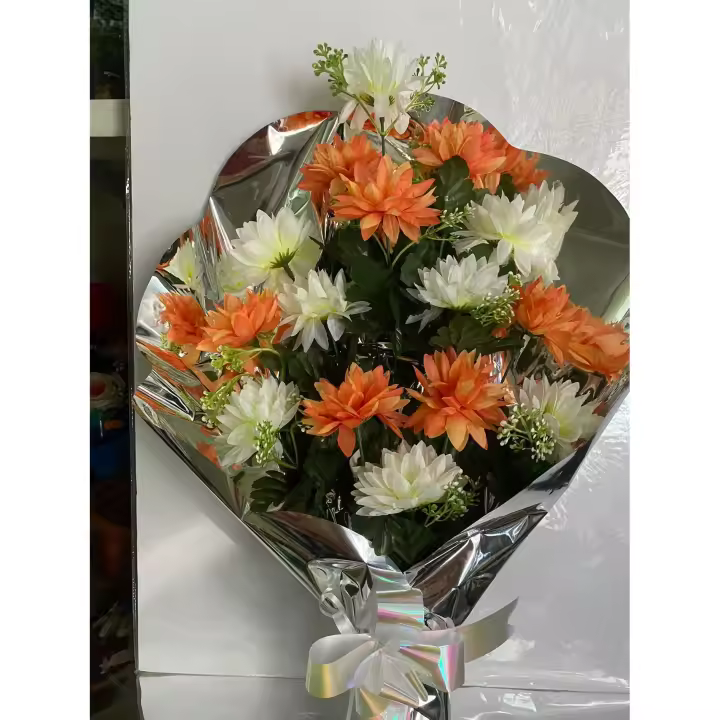 Ramo de flores artificiales de color naranja + blanco , Ramo para cementerio, Ramo para todos los santos - 1