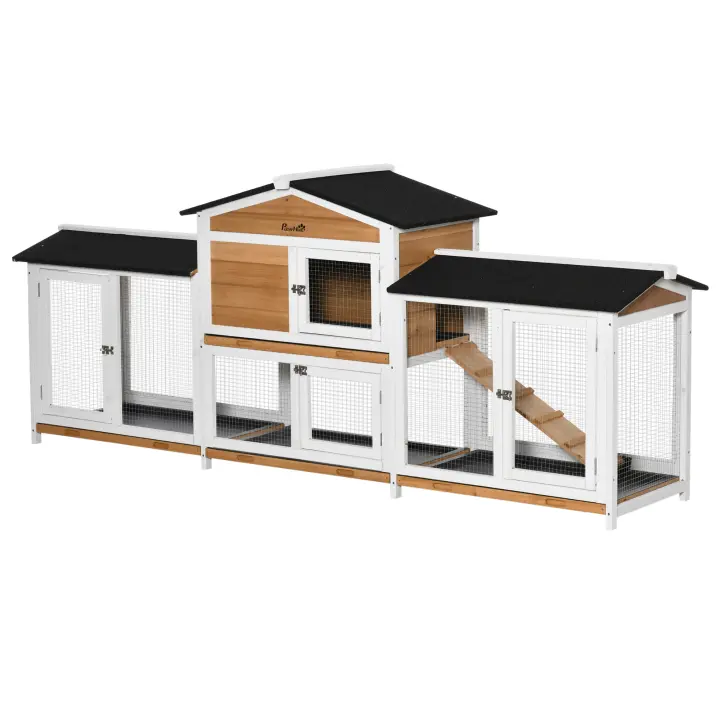 PawHut Conejera para animales pequeños Conejera para cobayas con rampa Conejera para conejos enanos con techo de asfalto Jaula para conejos enanos resistente al invierno Jaula para animales pequeños para exterior Madera de abeto 230 x 53 x 93,5 cm Blanco - 1