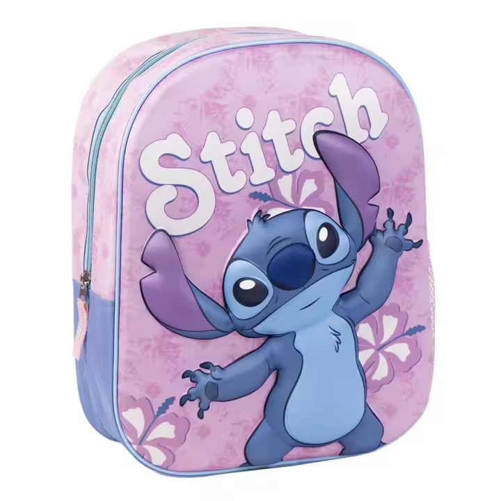 Mochila Infantil 3D de Stitch - Color Rosa - 25x10x31 cm - Fabricada en Poliéster y EVA - Con Cierre de Cremallera - Estampado de Stitch - 1