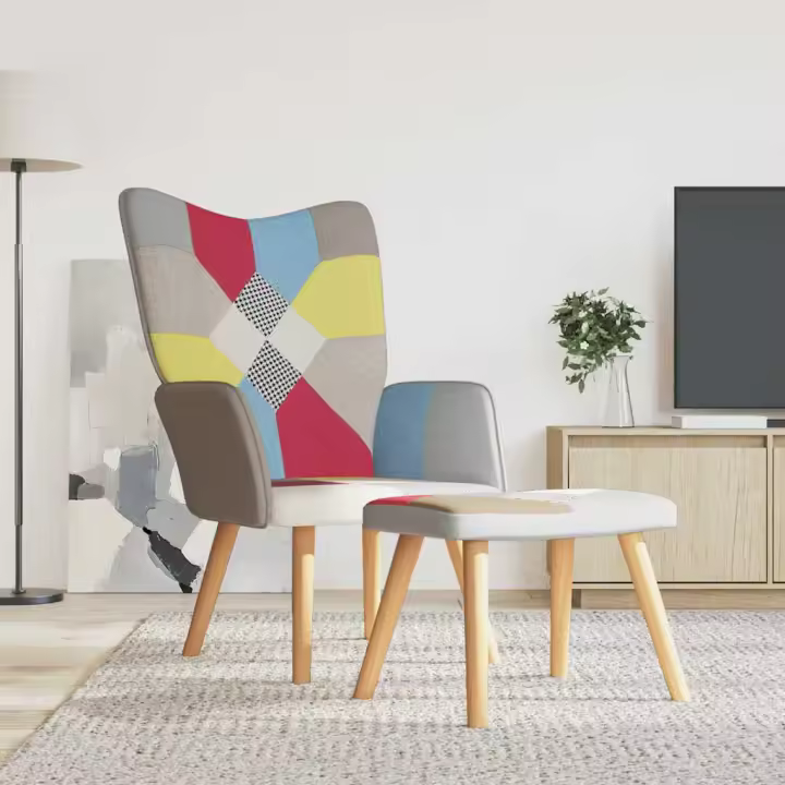 vidaXL Silla de relajación con reposapiés tela patchwork en color Gris/Negro | cómodas modernas ergonómicas para comedor cocina salón hogar - 1