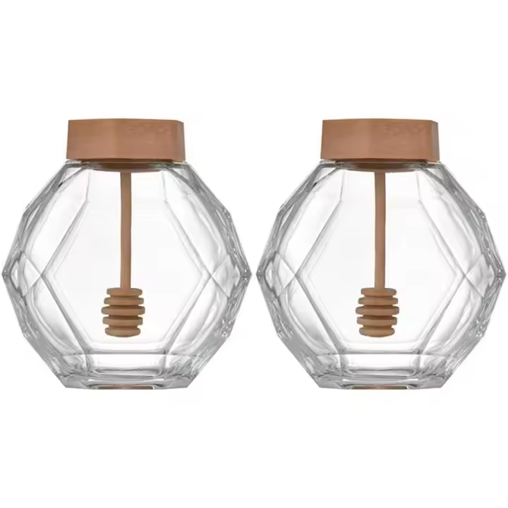 2 piezas de tarro de miel en forma de hexágono tarro de miel tarro de almacenamiento de miel de vidrio con recipiente transparente contenedor de alimentos para la cocina del hogar (380Ml) - 1
