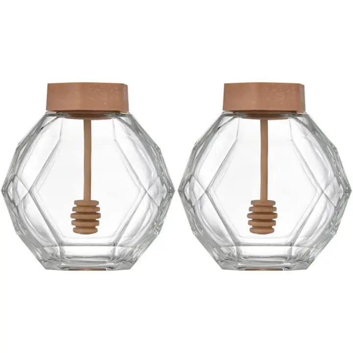 2 piezas de tarro de miel en forma de hexágono tarro de miel tarro de almacenamiento de miel de vidrio con recipiente transparente contenedor de alimentos para la cocina del hogar (380Ml) - 1
