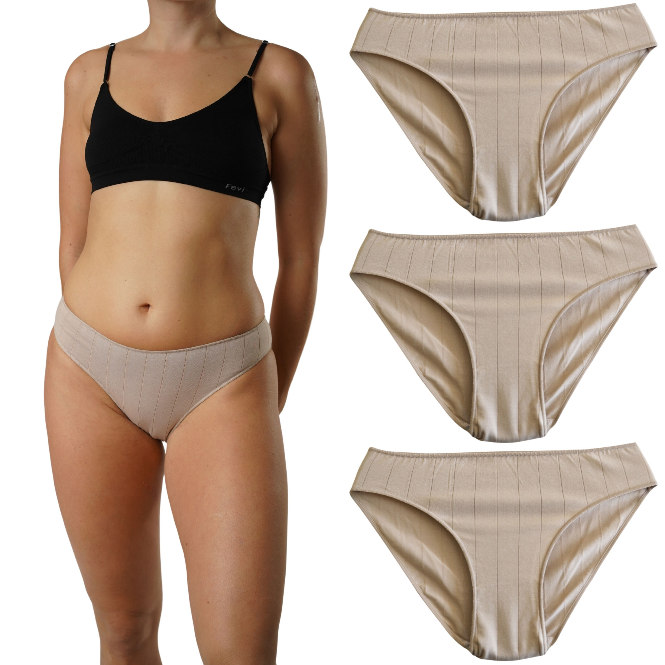 FEVI | Pack de 3 Braguitas Bikini Tiro Medio | 95% Algodón | Suaves y Transpirables | en 1 o 3 Colores: Negro, Beige, Blanco