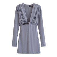 Vestido De Moda Con Cuello En V Profundo Estilo Europeo Y Americano Para Mujer Con Cinturón Y Pliegues Slim De Manga Larga Para Otoño - details 3