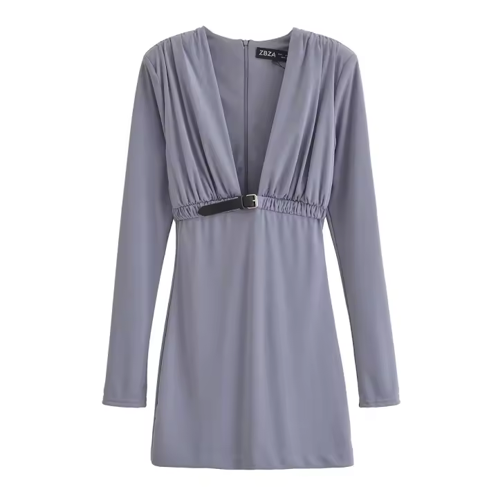 Vestido De Moda Con Cuello En V Profundo Estilo Europeo Y Americano Para Mujer Con Cinturón Y Pliegues Slim De Manga Larga Para Otoño - 1