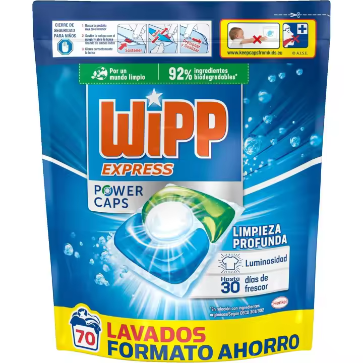 Wipp Express Power Caps Detergente en Cápsulas para Lavadora, 70 Dosis, Limpieza Profunda, Eficaz en Agua Fría - 1