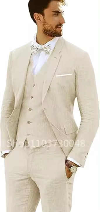 Traje De Linen De Alta Calidad Para Hombre 3 Piezas Beige/Blue Slim Fit Casual Con Chaqueta Chaleco Y Pantalones Cierre Simple Traje De Noche De Cuatro Estaciones - 1