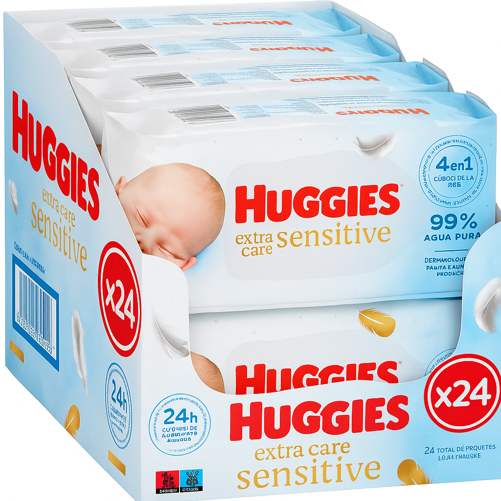 Huggies Extra Care Sensitive (24x packs, 1344 Toallitas). 99% Agua, Cuidado 4 en 1 para Piel Sensible: Limpia, Calma, Protege contra la Irritación y Equilibra el PH. Clínica y Dermatológicamente Testado, sin Fragrancias ni Parabenos.