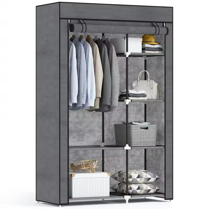 HOMCOM Armario de Tela, Armario Portátil, con Barra para Colgar, 6 Estantes, Marco de Acero, para Dormitorio, Vestidor, 103x43x162,5 cm, Gris Oscuro - 1