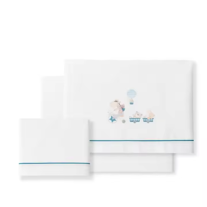 Sábanas Minicuna 100% Algodón  50X80 (bajera+encimera+funda almohada) Modelo Jirafa Bicicleta Interbaby - 1