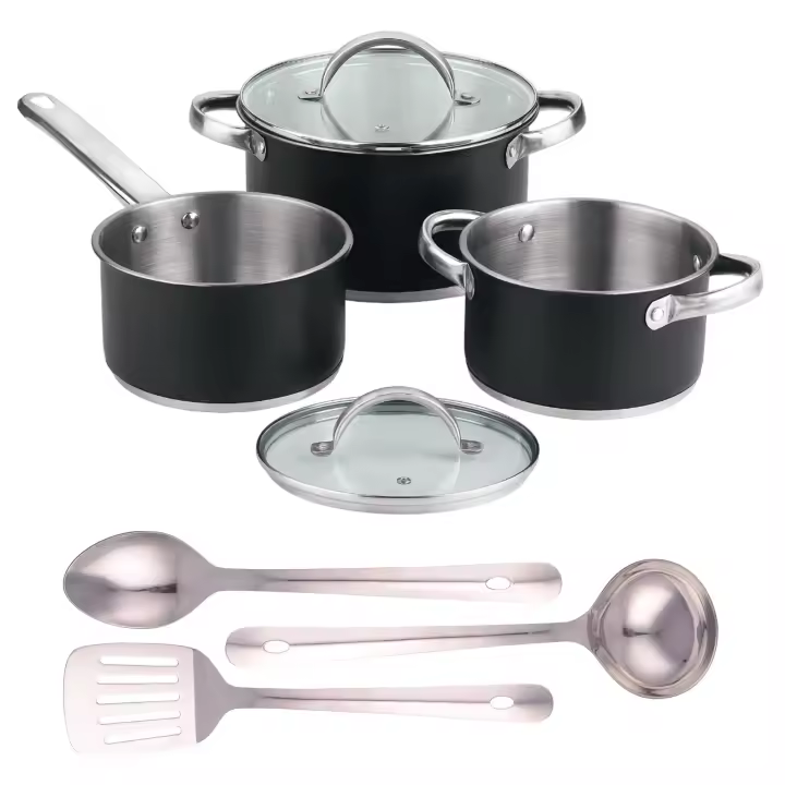 Batería de cocina 5pc Ø16Ø20Ø24 con tapas + Juego de 3 utensilios en acero inox San Ignacio - 1