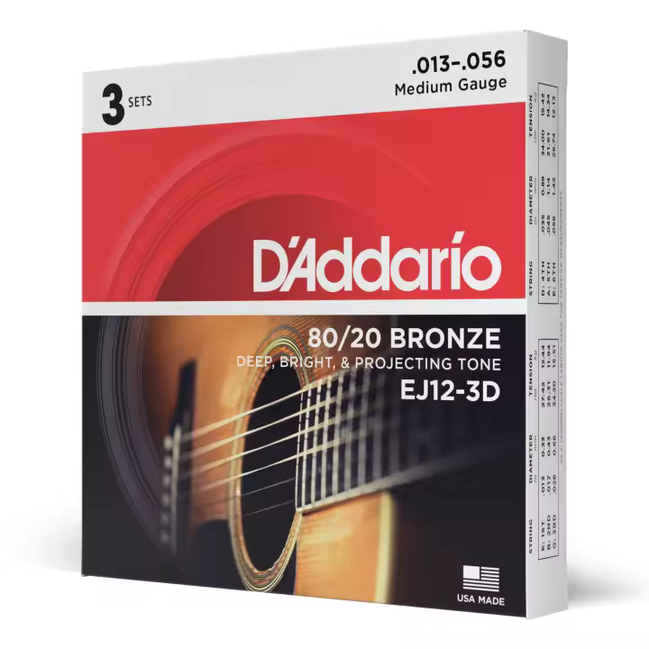 D'Addario EJ12-3D 80/20 Bronze Acoustic Guitar Strings, Medium, 13-56, 3 Sets. Code. EJ12-3D - 1