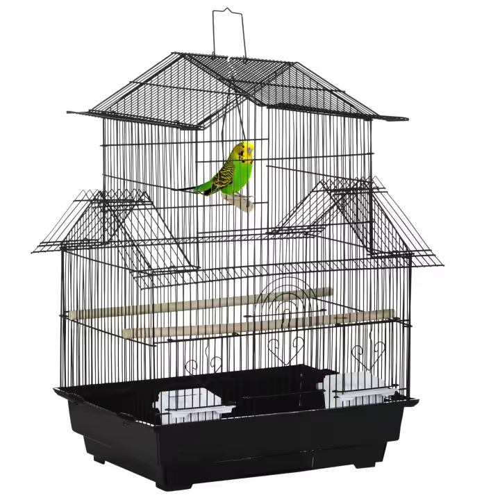 PawHut Jaula para Pájaros Pajarera Metálica con 5 Puertas 2 Comederos 2 Perchas Columpio Bandeja Extraíble y Asa de Transporte para Canarios Periquitos Negro - 1