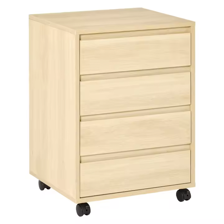 HOMCOM Mueble de almacenamiento de oficina con ruedas y 4 cajones deslizantes en aspecto de madera clara - 1