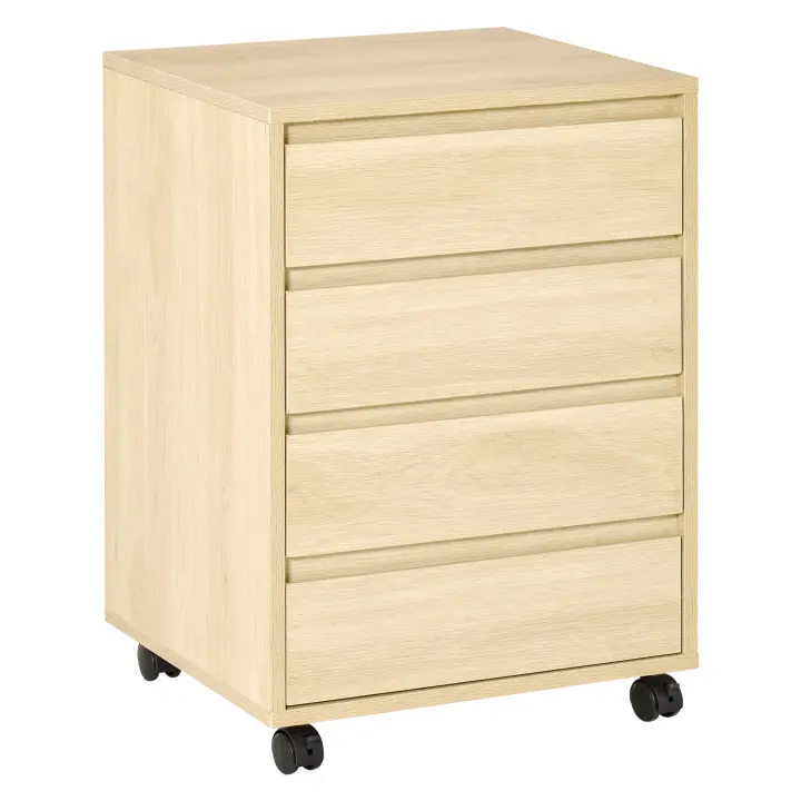 HOMCOM Mueble de almacenamiento de oficina con ruedas y 4 cajones deslizantes en aspecto de madera clara - 1