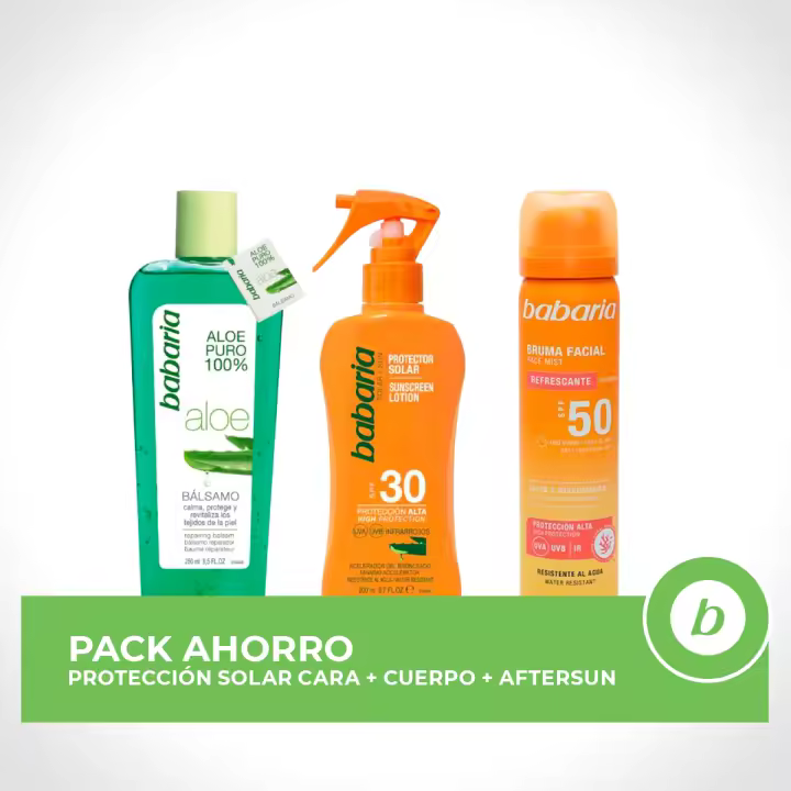 BABARIA Pack ahorro protección solar - Contiene Bruma Solar Facial 75ml + Spray Protector Aloe SPF30 200ml + Bálsamo Reparador de Aloe 250ml - 1