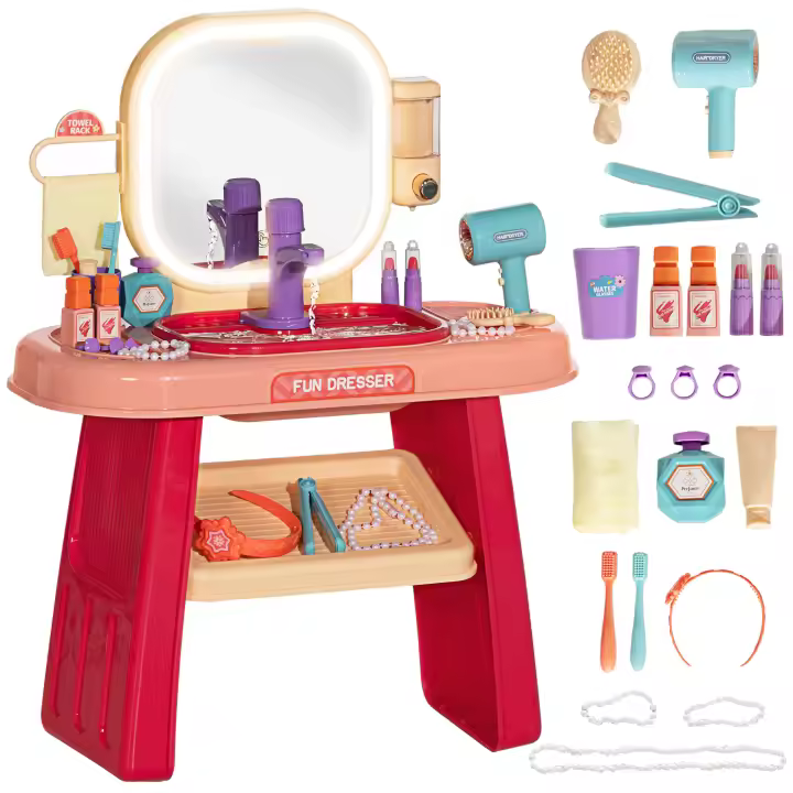 AIYAPLAY Juego de tocador para niños de 23 piezas, mesa de maquillaje con espejo, luz LED y música, para niños de 3 a 6 años, color rosa - 1