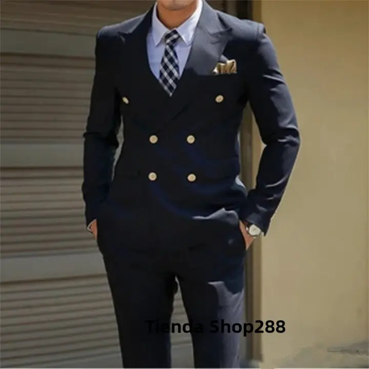 Traje Azul Oscuro 2024 Para Hombre Ajustado Personalizable Dos Botones 2 Piezas Trajes De Boda Formal Negocios Conjunto De Chaqueta Y Pantalones - 1