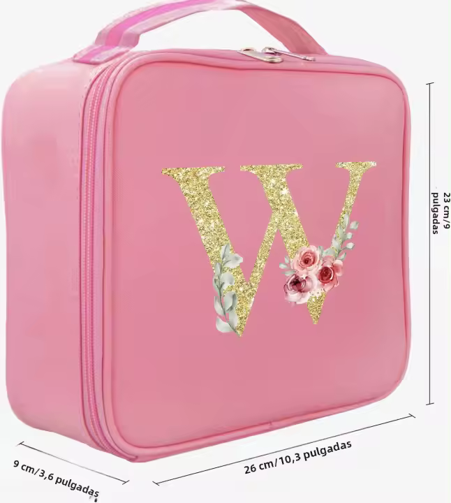 Bolso De Maquillaje Grande Portátil Organizador Profesional Con Estampado De Letras Doradas Y Funda Rosa Con Divisor Ajustable Para Viajes - 1