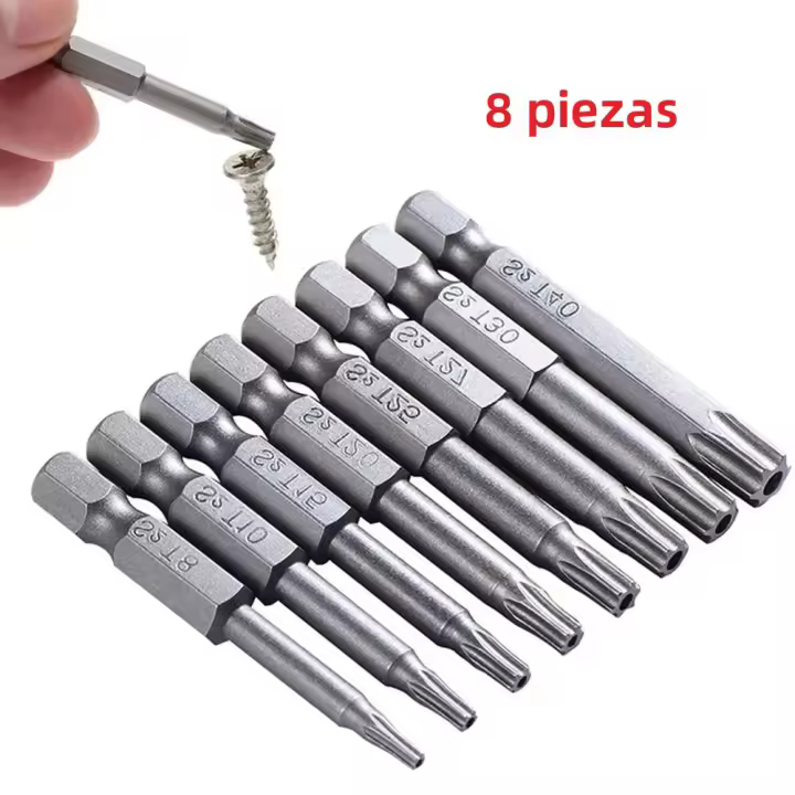Juego De 8 Piezas De Destornilladores Magnéticos De Acero De Aleación Con Mango Hexagonal De 1/4' T8-T40 Cabeza Hollow Plum Blossom Multifuncional Para Soldadura Y Reparación - 1