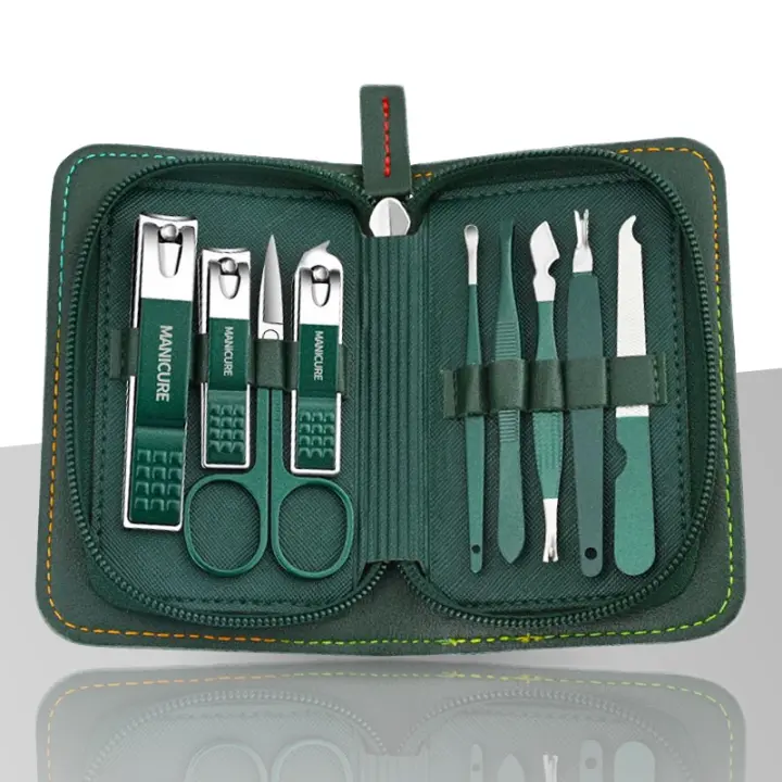 Set De Manicura Profesional Verde Con 9 Piezas Y Estuche De Cuero Herramientas Para Cuidado Del Pies Y Rostro Cortaúñas De Acero Inoxidable Regalo - 1