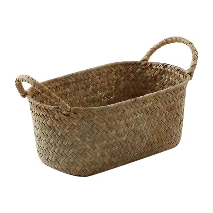 Cesta de almacenamiento tejida a mano, contenedor de paja para alimentos, organizador de maquillaje, soporte para fruta de pan de ratán (S,24x15x9cm) - 1