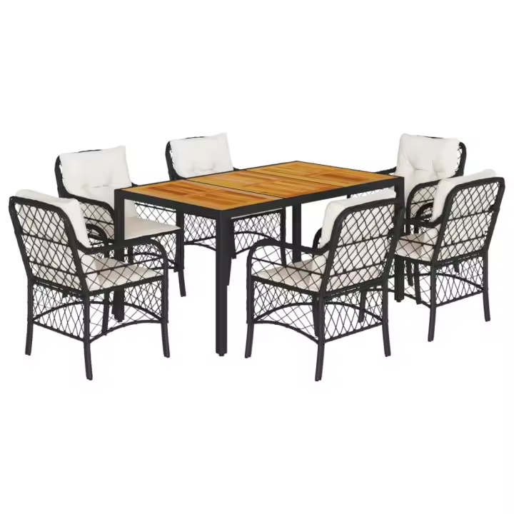 vidaXL Set de comedor de jardín 7 pzas y cojines ratán sintético negro - 1
